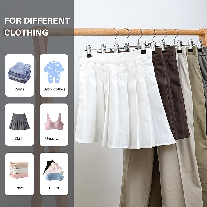 Metal Pants Hangers with Clips, Lightweight Skirt Hangers, 13 Inch, Strong Grip Clips, Black and Silver, 15 lb Capacity