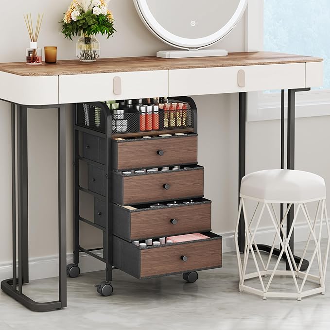 SWTYMIKI Rolling Makeup Organizer Cart - 14.96″*11.81″*27.55″ Widened Under Desk Vanity Storage with 4 Non-woven Drawers, Cosmetic Display Cases for Skin Care Perfume Nail Polish Brush Hair Tool Black
