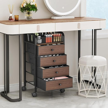 SWTYMIKI Rolling Makeup Organizer Cart - 14.96″*11.81″*27.55″ Widened Under Desk Vanity Storage with 4 Non-woven Drawers, Cosmetic Display Cases for Skin Care Perfume Nail Polish Brush Hair Tool Black