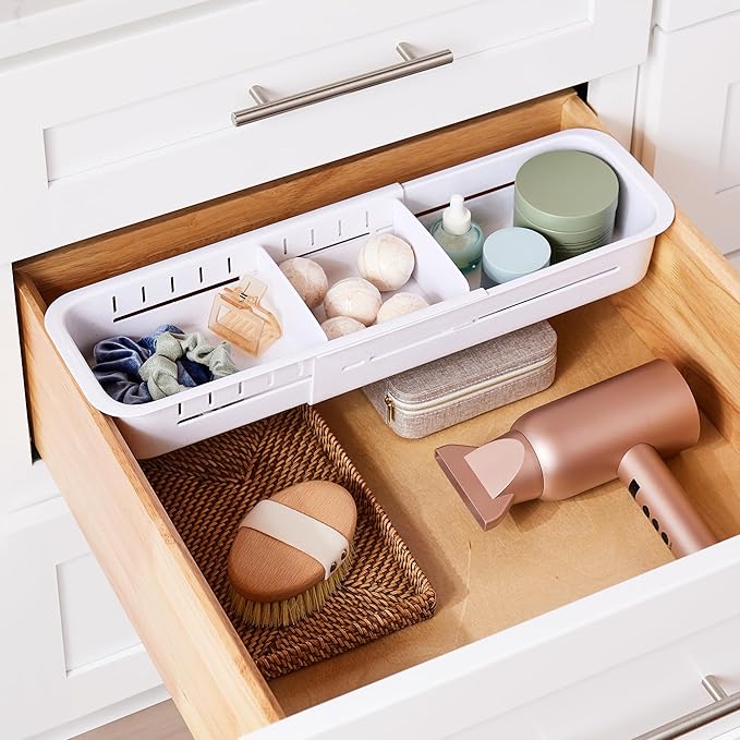 YouCopia DrawerFit Expandable Kitchen Drawer Organizer: Sliding Storage Tray for Utensils & Accessories in Deep Drawers, Expandable 15–23" wide, White Speckled BPA-free