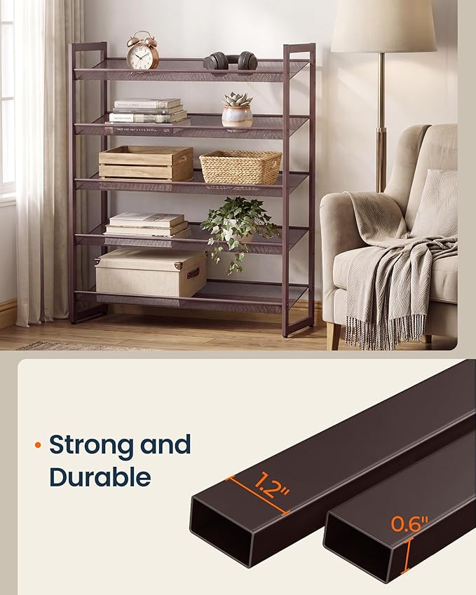 SONGMICS HOME 5-Tier Stackable Shoe Rack, Metal Shoe Organizer for Closet, Entryway, Garage, Flat or Slanted Mesh Shelves, Brown