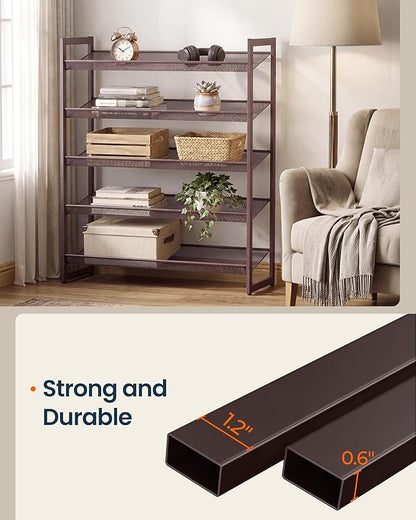 SONGMICS HOME 5-Tier Stackable Shoe Rack, Metal Shoe Organizer for Closet, Entryway, Garage, Flat or Slanted Mesh Shelves, Brown