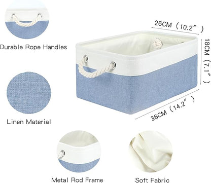 Storage Bins with Sturdy Cotton Handles(3 Pack), Fabric Storage Baskets for Organizing use for Office & Home, Book, Clothes, Toys, Closet Boxes (Medium, Blue-White, 14.2x10.2x7.1 inches)