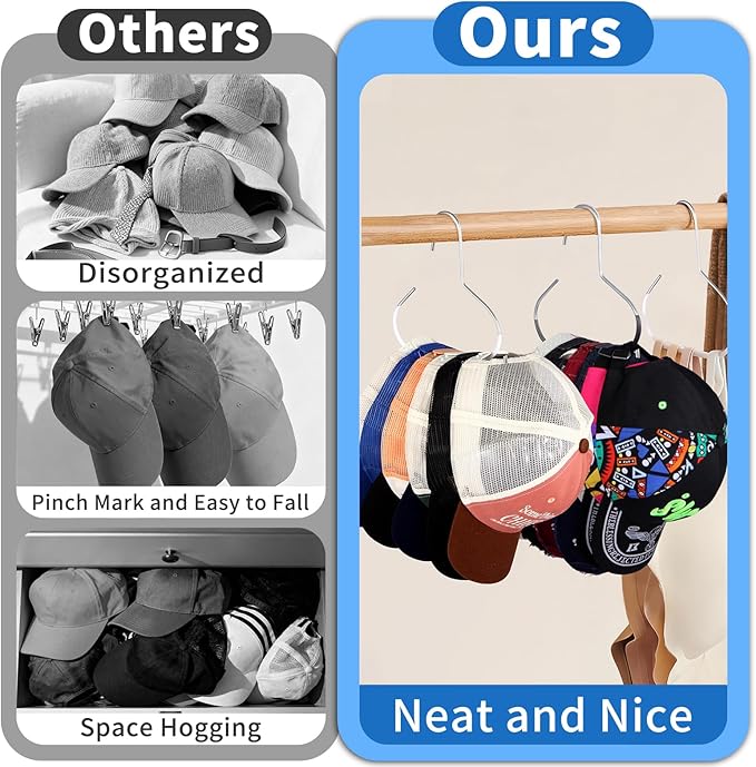 6 Packs Hat Hangers for Closet, Premium Hat Organizer for Baseball Caps, Cap Rack for Organizers and Storage, Space Saving Hangers Holder 50 Hats and Usable for Belt, Scarf, Tie, Bra, Purse