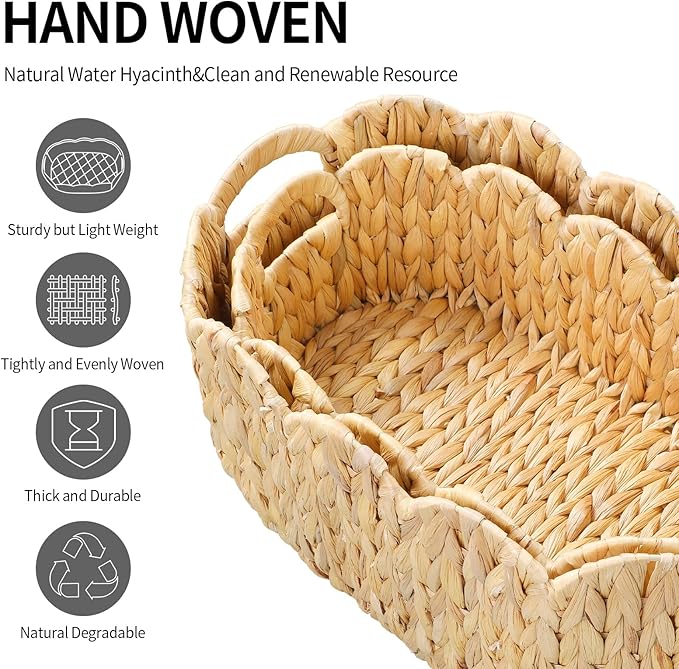 Coeusy Scalloped Basket Set of 2,Water Hyacinth Basket for Organizing and Decor,Hand-Woven Wicker Storage Baskets with Built-In Handles for Nursery,Gift,Laundry