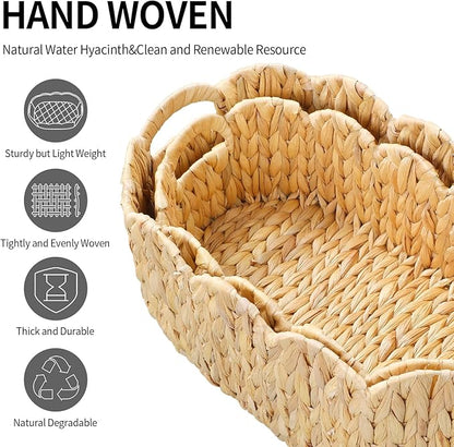 Coeusy Scalloped Basket Set of 2,Water Hyacinth Basket for Organizing and Decor,Hand-Woven Wicker Storage Baskets with Built-In Handles for Nursery,Gift,Laundry