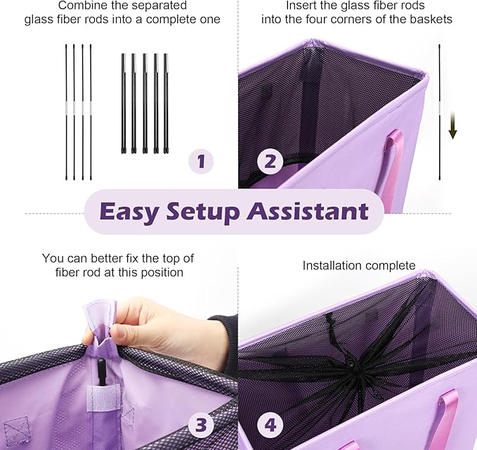 Odonata Slim Laundry Hamper Handles Collapsible Laundry Basket Thin Dirty Clothes Basket Narrow Laundry Bag Foldable Dirty Hamper 45L (Light Purple)