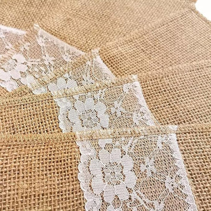 Burlap Silverware Holders with White Lace - 10 Pack of 4 x 8" with Ribbon Bow - Wedding Reception Silverware Holder - Baby Shower Silverware Pocket Pouch – Dining Table Utensil Holders