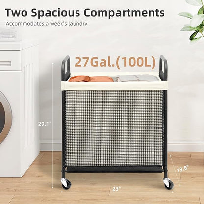 STORAGE MANIAC Rolling Laundry Hamper with Wheels 2-Section Laundry Sorter Rolling Laundrys Basket on Wheels with Removable Bag Clothes Hamper Laundrys Organizer Cart Bathroom Bedroom 100L Beige