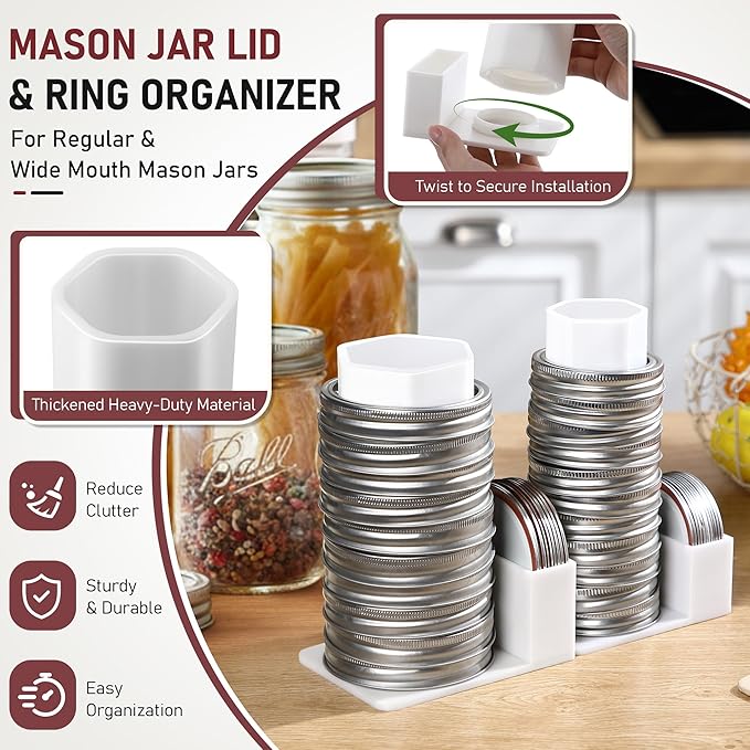 Feekoon Mason Jar Lid Organizer & Holder 2 Pack, Lid Storage Organizer for Regular & Wide Mouth, Removable Sleeve Design Holds 20 Lids & 20 Rings, Mason Jar Accessories for Kitchen Cabinet Storage