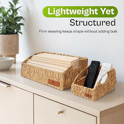 Water Hyacinth Storage Baskets for Shelves Set of 3, Rectangular Open-Top Wicker Storage Bins with Handles, Shelf Baskets for Closet, Bathroom, Pantry + Tissue Box Cover