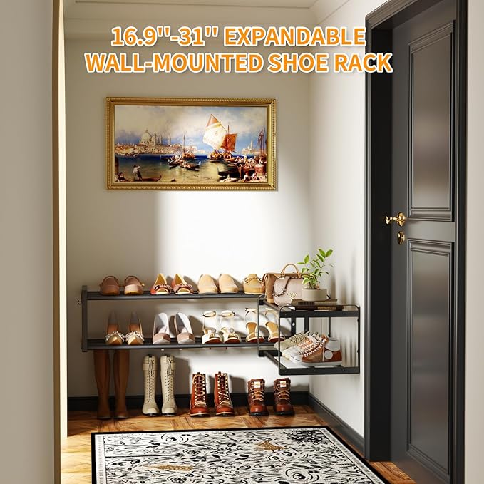 2 Pack Wall Mounted Shoe Rack, 16.9"-31" Expandable Hanging Shoe Rack with 4 Hooks, Premuim Wall Shoe Holder, Space Saving Metal Shoes Organizer for Closet, Entryway, Garage, Front Door