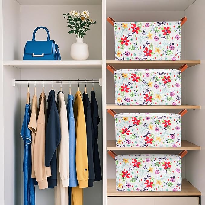 yarlung 4 Pack Floral Storage Bins with Handles, 15"x10.5"x8" Collapsible Large Storage Basket for Laundry, Decorative Fabric Lined Shelf Baskets for Organizing Clothes, Toys, Books