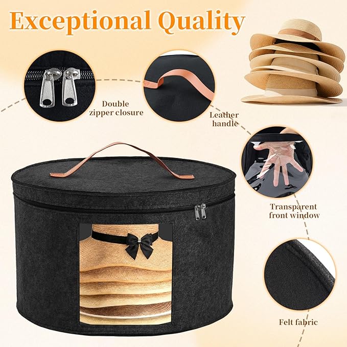 Hat Boxes for Women&Men Storage, Round Felt Hats Storage Box Container for Closet, Cowboy,Round Brim, 16" D x 10" H Foldable Caps Organizer Bag for Travel with Dustproof Lid (Black)