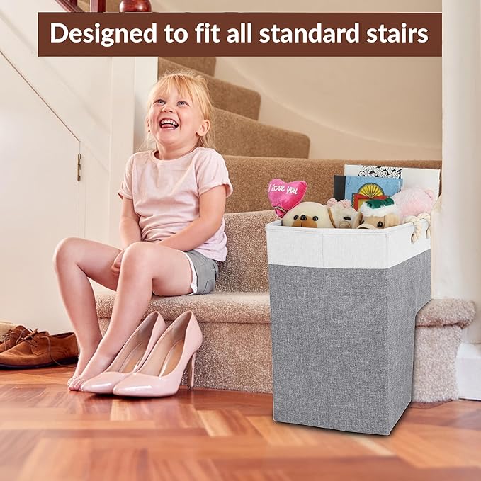 SAM AND MABEL Stair Baskets for Carpeted and Wooden Stairs – 16”L x 10”W x 16”H Foldable Staircase Basket with Handles, Stairstep Storage Organizer (Smart Gray and White)
