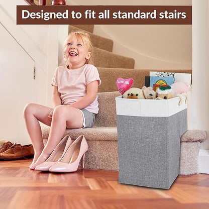 SAM AND MABEL Stair Baskets for Carpeted and Wooden Stairs – 16”L x 10”W x 16”H Foldable Staircase Basket with Handles, Stairstep Storage Organizer (Smart Gray and White)