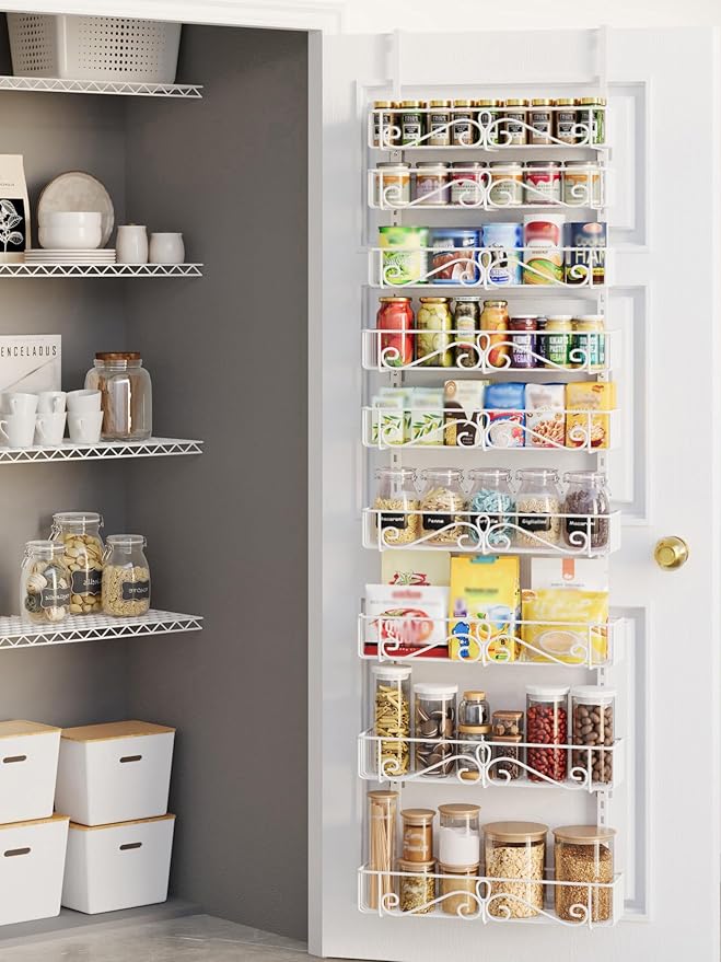 Over the Door Pantry Organizer, 9-Tier Pantry Organization and Storage for Kitchen, Metal Hanging Shelves Door for Home & Kitchen, Laundry Room Bathroom, White