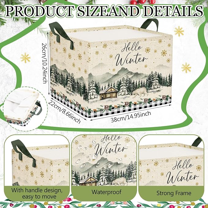Geelin 3 Pcs Christmas Winter Baskets Wonderland Storage Basket for Gifts Collapsible Waterproof Canvas Xmas Reindeer Storage Bin Organizer with Handles for Book Closet Shelf Nursery Decor