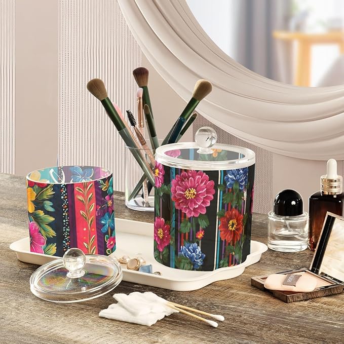 2 Pack Qtip Dispenser Apothecary Jars with Lids Cotton Round Holder Bathroom Canisters for Cotton Swab Floss Ball Pads Clear Plastic Decorative Fiesta Striped Mexican Flowers