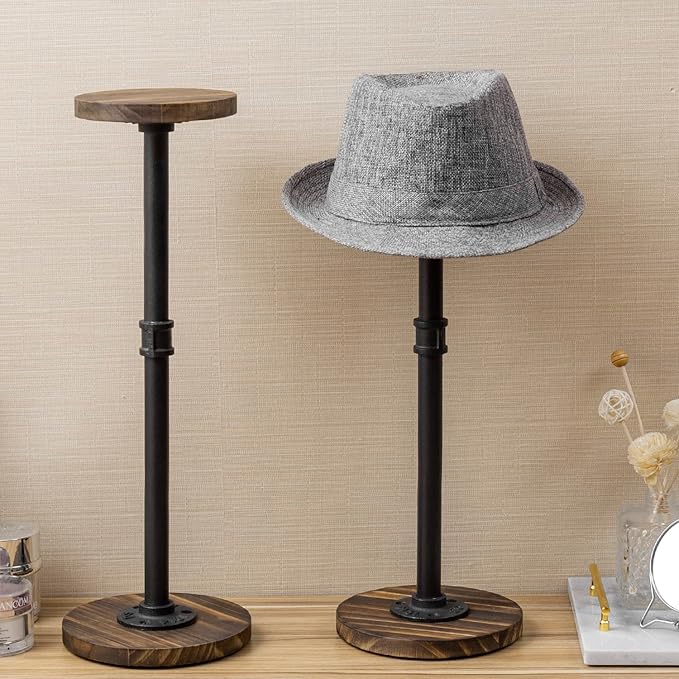 MyGift 2 Pcs Hat Organizer for Baseball Caps, Cowboy Hat Rack Stand for Helmet with Adjustable Height, Tabletop Wig or Jewelry Display Riser, Rustic Burnt Wood with Industrial Metal Pipe