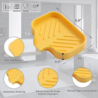 MicoYang Silicone Bathroom Soap Dishes with Drain Spout-Bathroom and Kitchen Sink Organizer,Sponge Holder,Dish Soap Tray,Perfect for Dispenser,Scrubber,Bottle,Cup on Sink or Counter-Yellow 4.9"×3.2"