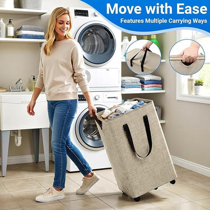 Laundry Basket with 5 Wheels, Tall Dirty Laundry Hamper, Rolling Laundry Basket with Lid, Large 90L Collapsible Clothes Hamper for Laundry Room Bedroom Bathroom Dorm, Khaki