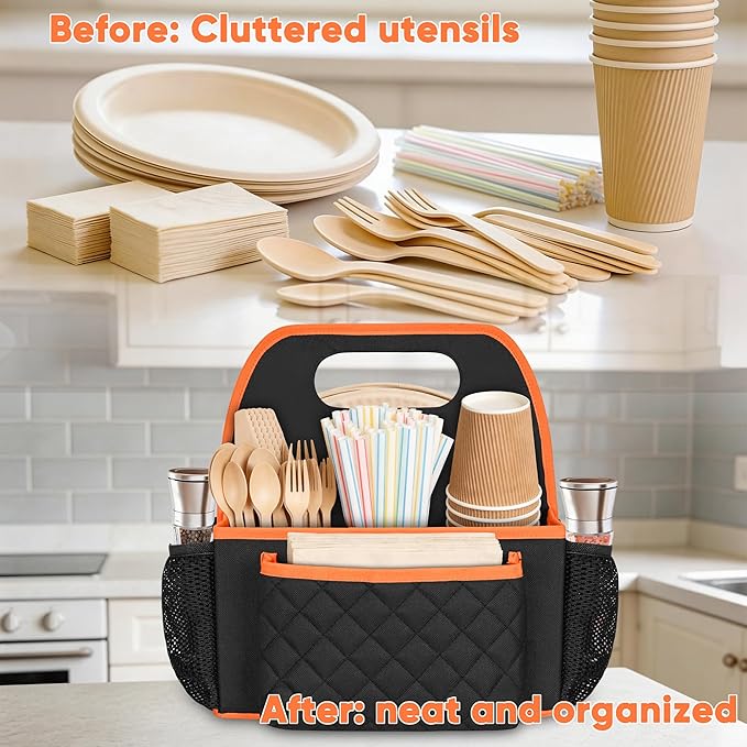 CROTIRAD Foldable Utensil Holder for Party with 9 Compartments, Paper Plate Organizer for Countertop with Top Handle, Buffet Silverware Utensil Caddy for Plate Cup Fork Spoon Napkin, Black