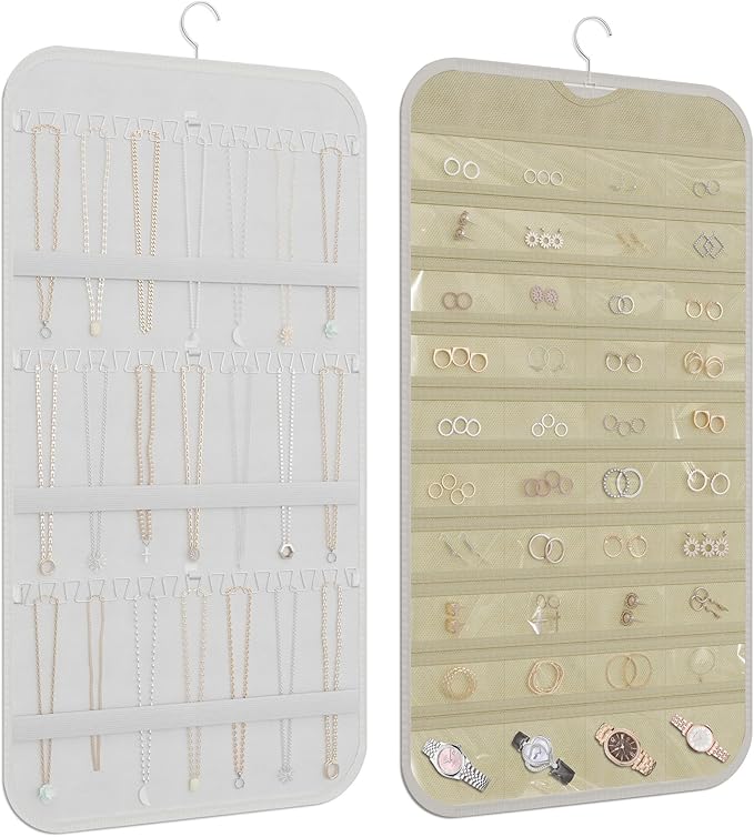Hanging Jewelry Organizer Storage, 40 Pockets 36 Hooks Necklace Earring Bracelet Ring Organizer, Double - Sided Design, White and Beige