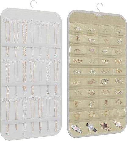 Hanging Jewelry Organizer Storage, 40 Pockets 36 Hooks Necklace Earring Bracelet Ring Organizer, Double - Sided Design, White and Beige
