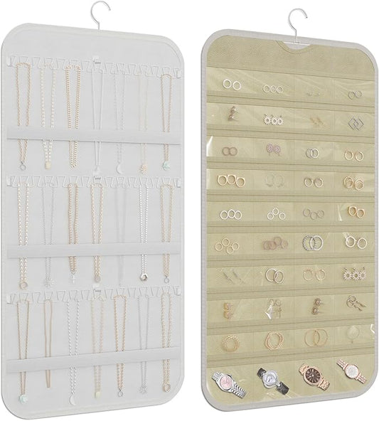 Hanging Jewelry Organizer Storage, 40 Pockets 36 Hooks Necklace Earring Bracelet Ring Organizer, Double - Sided Design, White and Beige