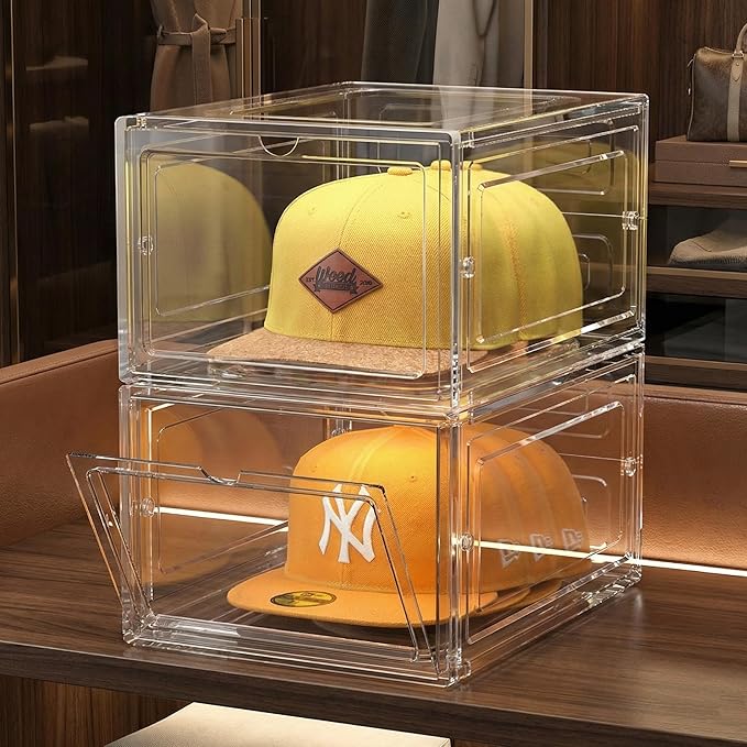 SCAVATA Hat Organizer Box, Stackable Clear Baseball Caps Holder Box Containers with Magnetic Door for Hats Snapback Cap Storag, Hat Rack Display Case, Holds 8 Hats Each (Clear, 2 Pack)
