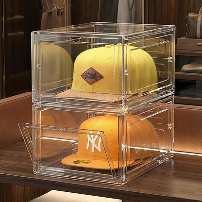 SCAVATA Hat Organizer Box, Stackable Clear Baseball Caps Holder Box Containers with Magnetic Door for Hats Snapback Cap Storag, Hat Rack Display Case, Holds 8 Hats Each (Clear, 2 Pack)