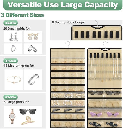 Hanging Jewelry Organizer – Jewelry Holder for Earrings, Necklaces, Rings – Closet Hanging Organizer & Travel hanging Jewelry Organizers for Women, Wall or Door Use, Day Gifts (Beige)