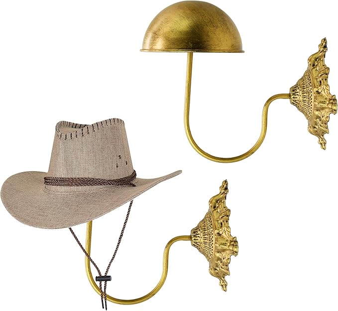 Owlgift Rustic Gold Wall Mounted Hat Holder Set of 2 – Vintage Style Iron Cap Rack with Dome Top for Hats, Helmets, Wigs & Scarves – Decorative Wall Hook for Entryway, Home, Cafe, or Boutique