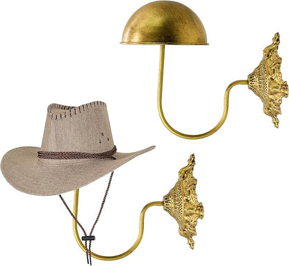 Owlgift Rustic Gold Wall Mounted Hat Holder Set of 2 – Vintage Style Iron Cap Rack with Dome Top for Hats, Helmets, Wigs & Scarves – Decorative Wall Hook for Entryway, Home, Cafe, or Boutique