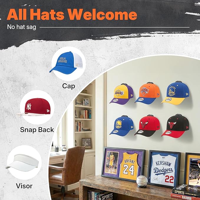 HOUSE DAY Adhesive Hat Hooks for Wall 16 Pack, Strong Hat Rack for Baseball Cap Display Organizer, Hats Holder for Wall, Door, Closet, No Drilling, Black