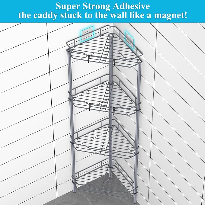 HuggieGems 4 Tier Floor Standing Corner Shower Caddy Organizer Shelf with Hooks, Bathroom Shelves Stand Rack, Dark Gray