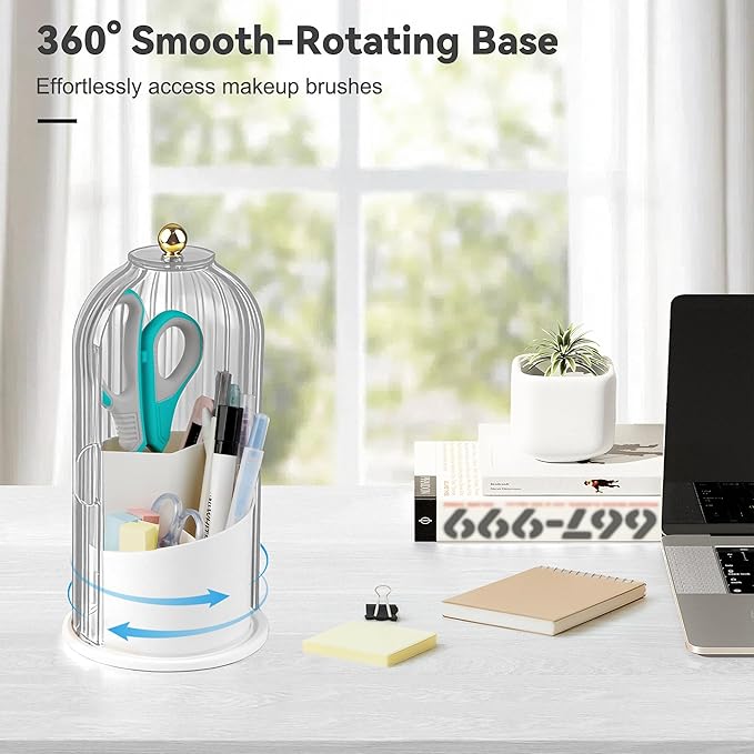 Hvygss 360° Rotating Makeup Brush Holder with Lid, Waterproof Three-Compartment Makeup Organizer, 180° Side-Pull Door Desk Organizer, Dustproof Brush Holder for Vanity and Bathroom (Transparent)