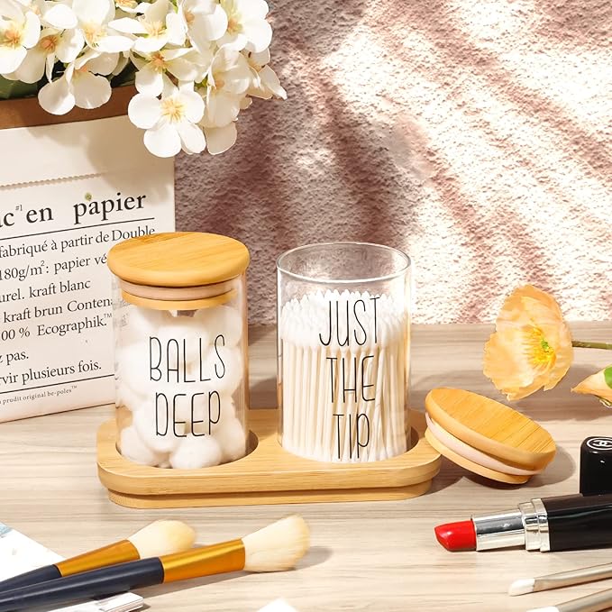 Funny Qtip Holder Dispenser 2 Pack Glass Apothecary Jars Canisters with Tray, Cotton Ball Qtip Holder Bathroom Set with Bamboo Lids for Cotton Swab Farmhouse Bathroom Storage Organization