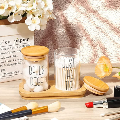 Funny Qtip Holder Dispenser 2 Pack Glass Apothecary Jars Canisters with Tray, Cotton Ball Qtip Holder Bathroom Set with Bamboo Lids for Cotton Swab Farmhouse Bathroom Storage Organization