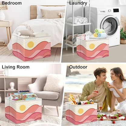 Clastyle Pink Boho Pool Towel Beach Blanket Basket Summer Sunrise Holiday Outdoor Storage Bin Rectangle Collapsible Clothes Toy Book Shelf Basket