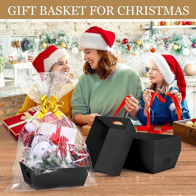 AFOROEOA 10PACK Baskets For Gifts Empty, 10 x 8” Thick Black Gift Basket with 10 Clear Gift Bags and 10 Pull Bows, Empty Gift Baskets for Christmas, Thanksgiving Wedding Birthday Party Wrapping Gift