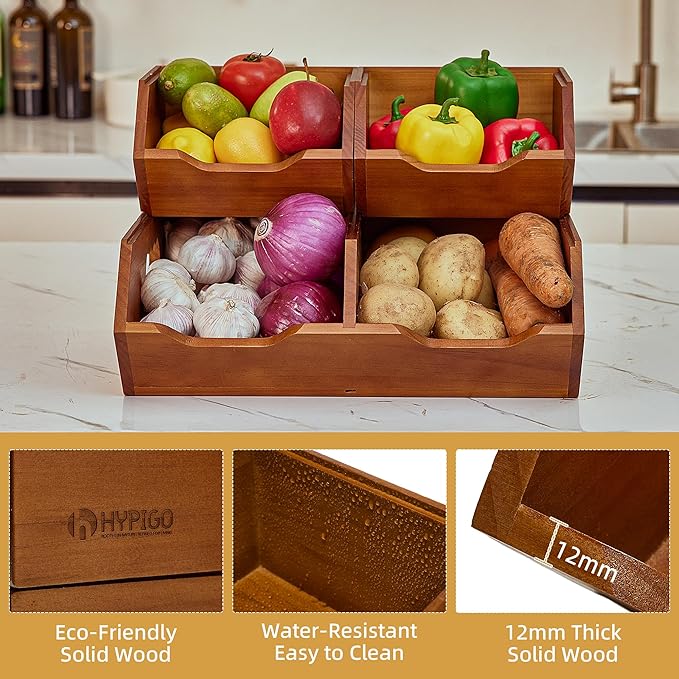 HYPIGO Wood Pantry Storage Baskets, Stackable Large Capacity Potato and Onion Storage Bins, Kitchen Pantry Organizers for Vegetables, Bread, Spices (Set of 3)
