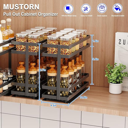 Mustorn 4 Pack Pull Out Spice Rack Organizer for Cabinet, 2 Tier Metal Slide Out Seasoning Organizer and Storage Heavy Duty Vertical Spice Rack Shelf Pullout for Kitchen Cabinets No Drilling (Black)