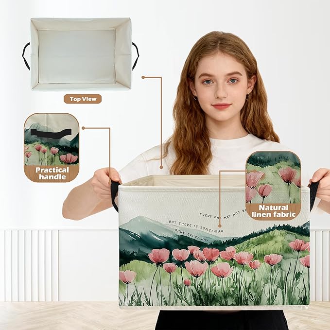 Inspirational Mountain Wildflower Storage Box Bins, Motivational Quote Floral Mountain Collapsible Storage Basket Organizer for Bedroom Laundry Room Home Clothes Books, Decor for Room
