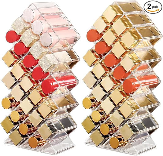 Lipstick Organizer,56 Lip Slots Acrylic Lipstick Holder,Stackable Lip Gloss Organizer,for Lipgloss Makeup Vanity Display, Clear (2 Pack)