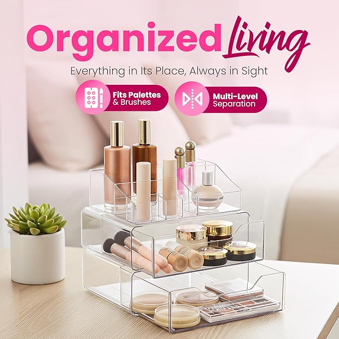 Masirs Clear Acrylic Makeup Organizer with Drawers – Cosmetic Vanity Storage for Skincare, Hair Accessories, Jewelry, Perfume – Durable Countertop Bathroom Organizer
