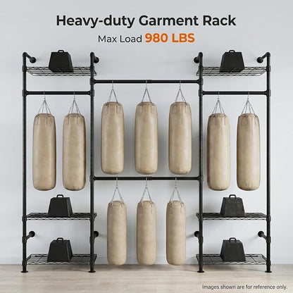 Wall Mounted Closet System – Adjustable Clothing Rack with 4 Expandable Rods & 6 Shelves, Heavy Duty Industrial Pipe Clothes Rack for Closet Organizer and Storage, Black