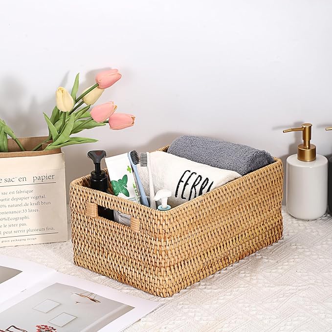 Hipiwe Handwoven Rattan Basket Wicker Storage Basket Box with Build-in Handles Natural Open Storage Bin for Shelf Bathroom Living Room Kitchen, 13" x 8.7" x 5.9"