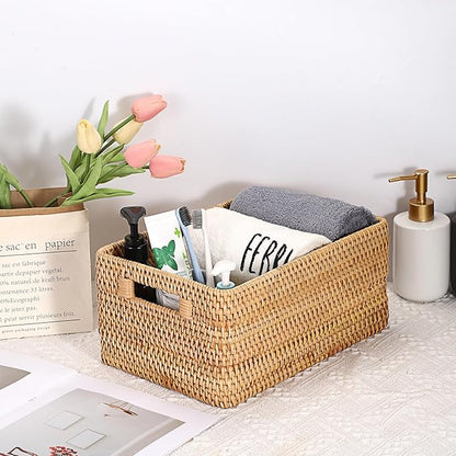 Hipiwe Handwoven Rattan Basket Wicker Storage Basket Box with Build-in Handles Natural Open Storage Bin for Shelf Bathroom Living Room Kitchen, 13" x 8.7" x 5.9"